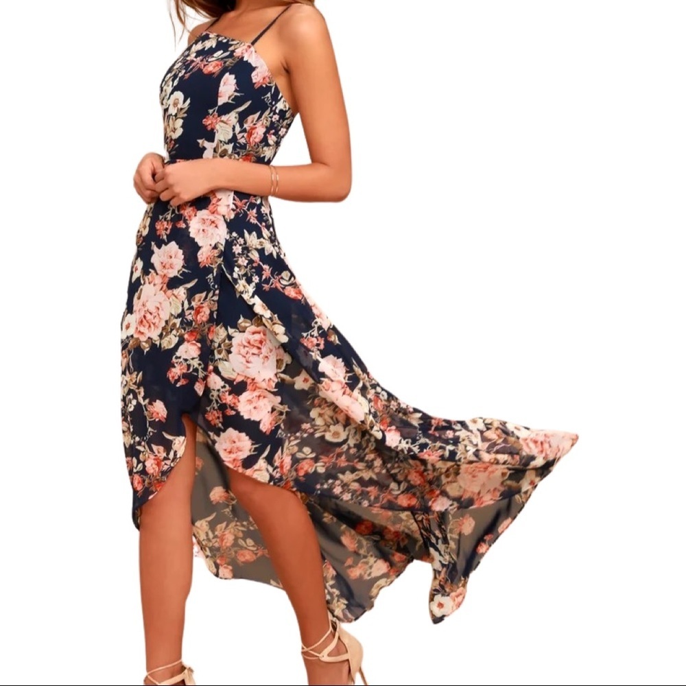 LuLu’s Reflection Navy Blue Floral Print High-Low Dress